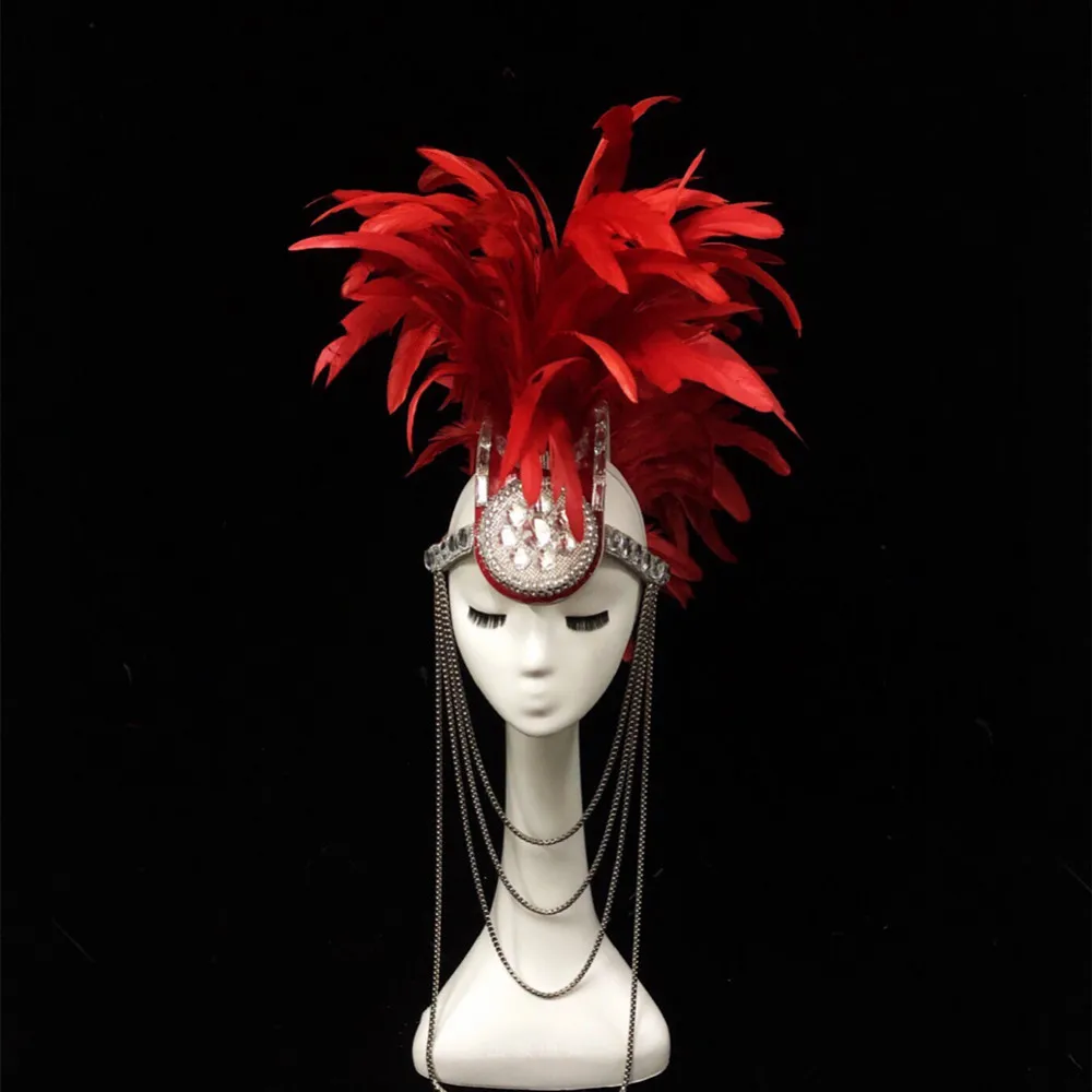 

Women Dance Team Red Feather Crystal Headgear Stage Performance Prop Costume Festival Party Show Headwear Halloween Accessories