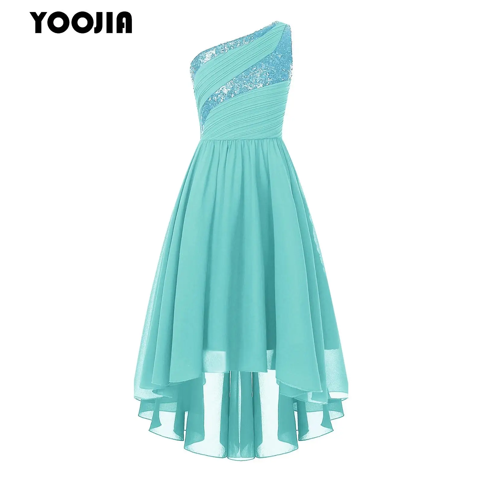 Kids Flower Girls Summer Chiffon Princess Dress Sequins One Shoulder Sleeveless Junior Bridesmaid Maxi Dress Wedding Party Gowns