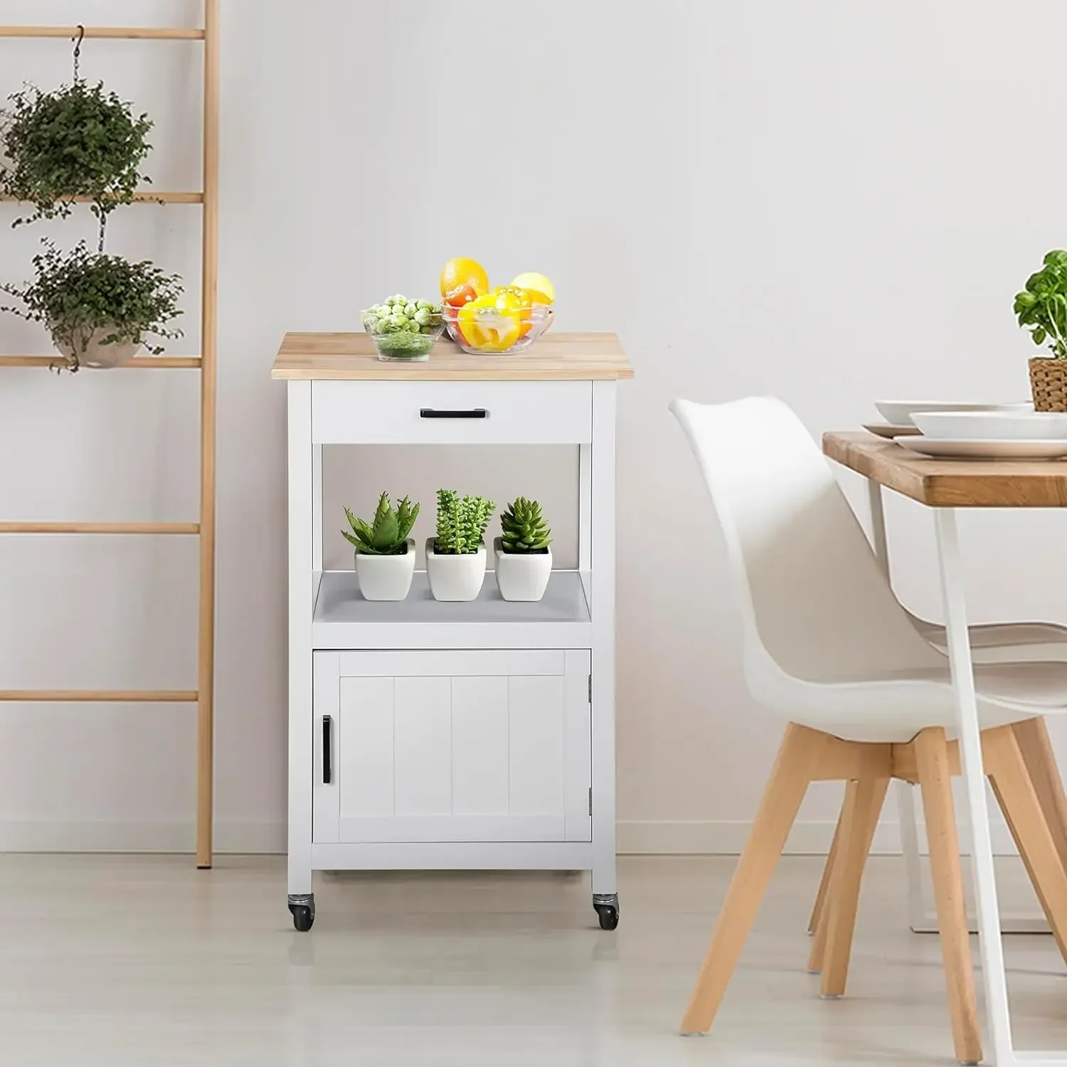 Kitchen Island-Armoire de Rangement sur Roues à Comcussion avec MEL, Chariot de Cuisine Roulant avec 3 Crochets Latéraux pour Salle à Manger, Blanc