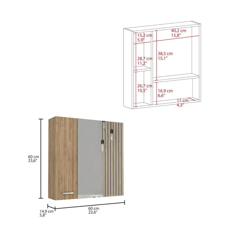 Armário de remédios de pinho com 4 prateleiras internas e porta única