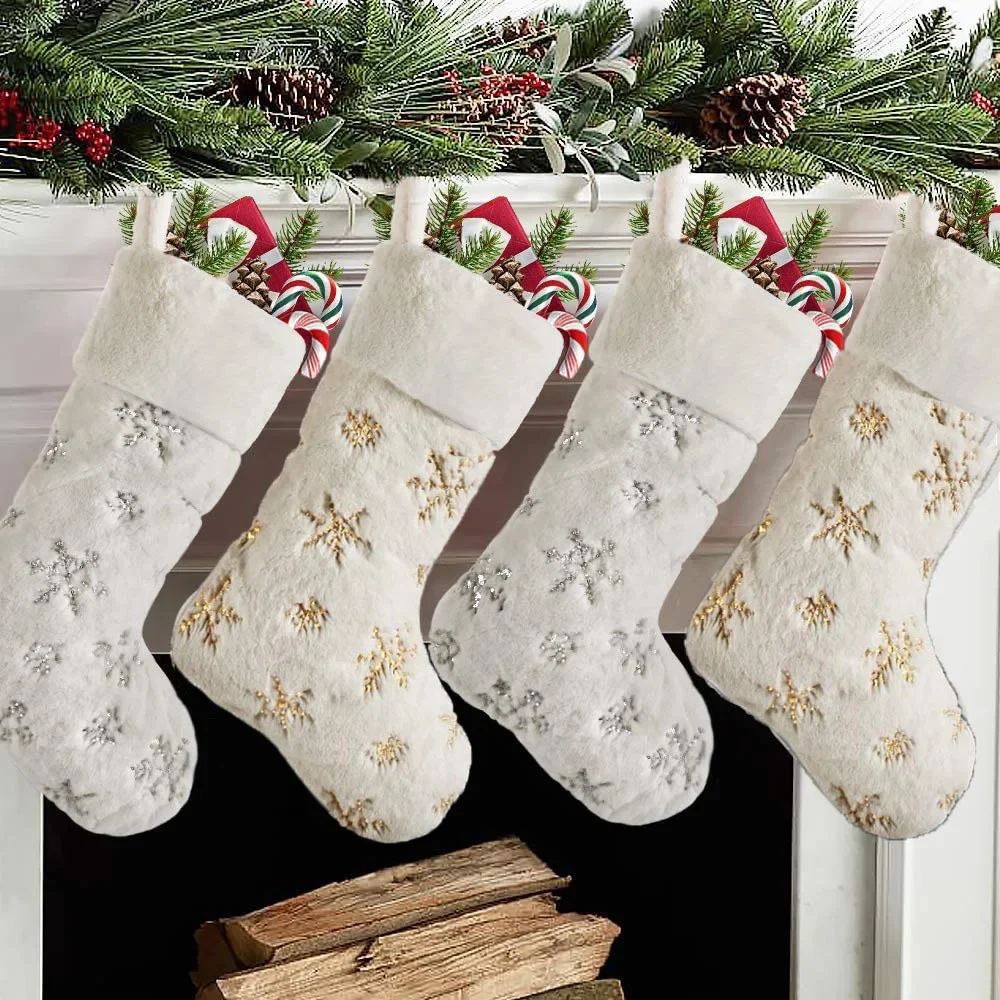 Calcetines con estampado de felpa blanca para niños, medias con bordado de copo de nieve, decoración de Feliz Navidad para el hogar, regalo de Navidad