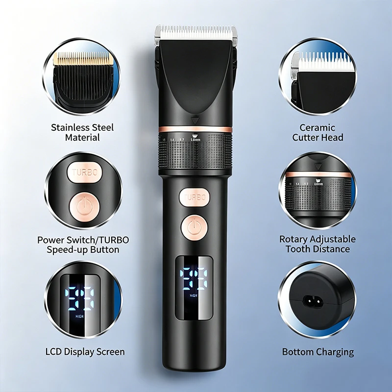 LCD Display Hair Clipper Electric Hair Trimmer for Men Barber Titanium Ceramic Blade Salon Hair Cutting Machine view 2