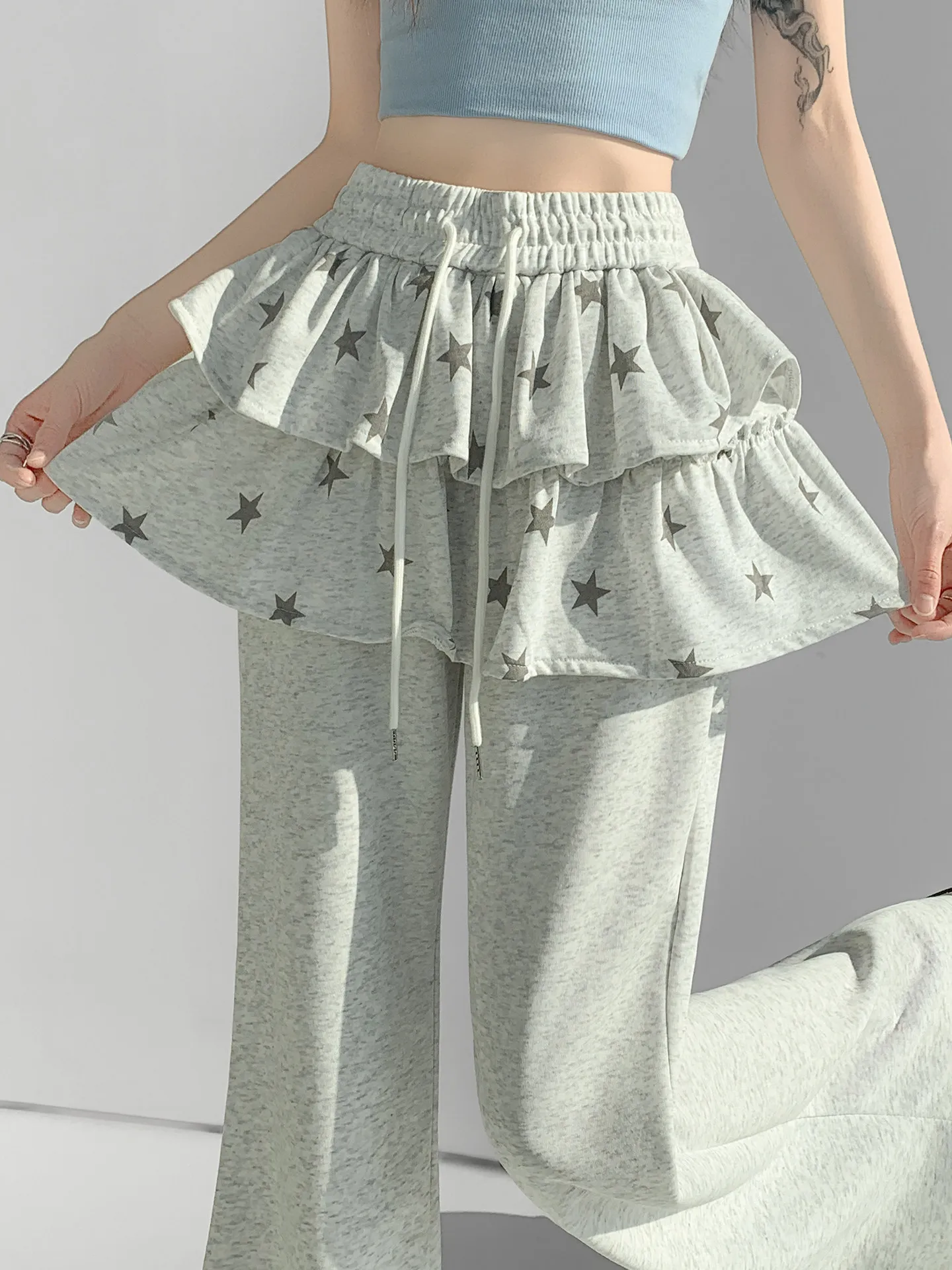 

Spring Summer New Sle Women's Star Lace Hem Pants Casual Wide Leg Pants Drapey Micro Flared Pants High Waist Knitted Trousers