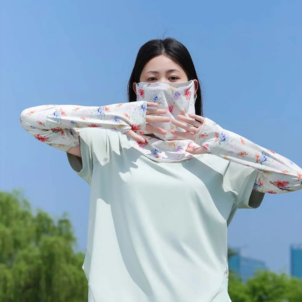 

3pcs Breathable Floral Ice Silk Mask Quick Drying Elastic Ice Silk Sunscreen Sleeves Face Shield Polyester Sunshade Arm Cover