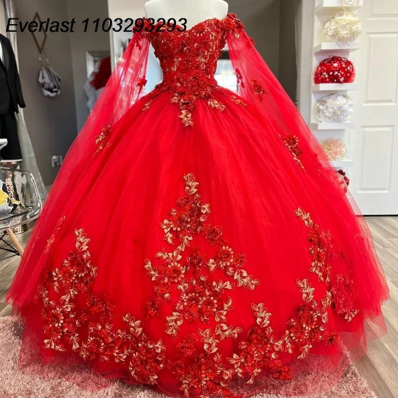 

EVLAST Glitter Red Quinceanera Dress Ball Gown 3D Floral Applique Beading With Cape Mexico Sweet 16 Vestido De 15 Anos TQD286