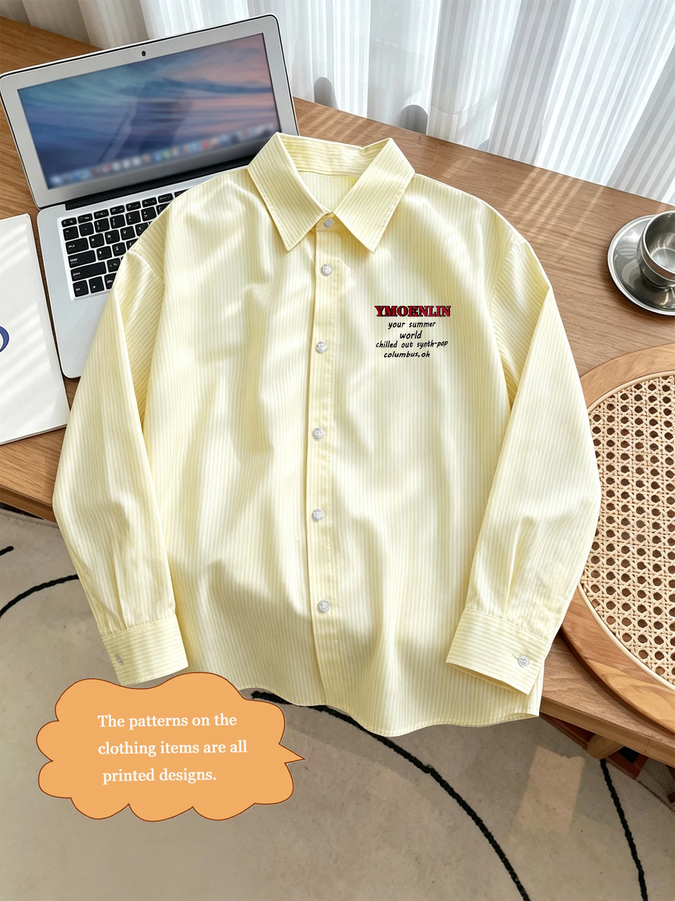 Korean-Style Trendy and Fashionable Men's Casual Long-Sleeve Striped Shirt with Simple and Creative Letter Print Design