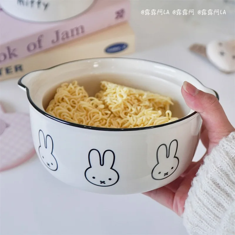 Kawaii ​ ​ Ciotola per ramen in ceramica Miffy con doppi manici Ciotola per zuppa isolata sicura per microonde con coniglio carino per utensili da cucina per uso domestico