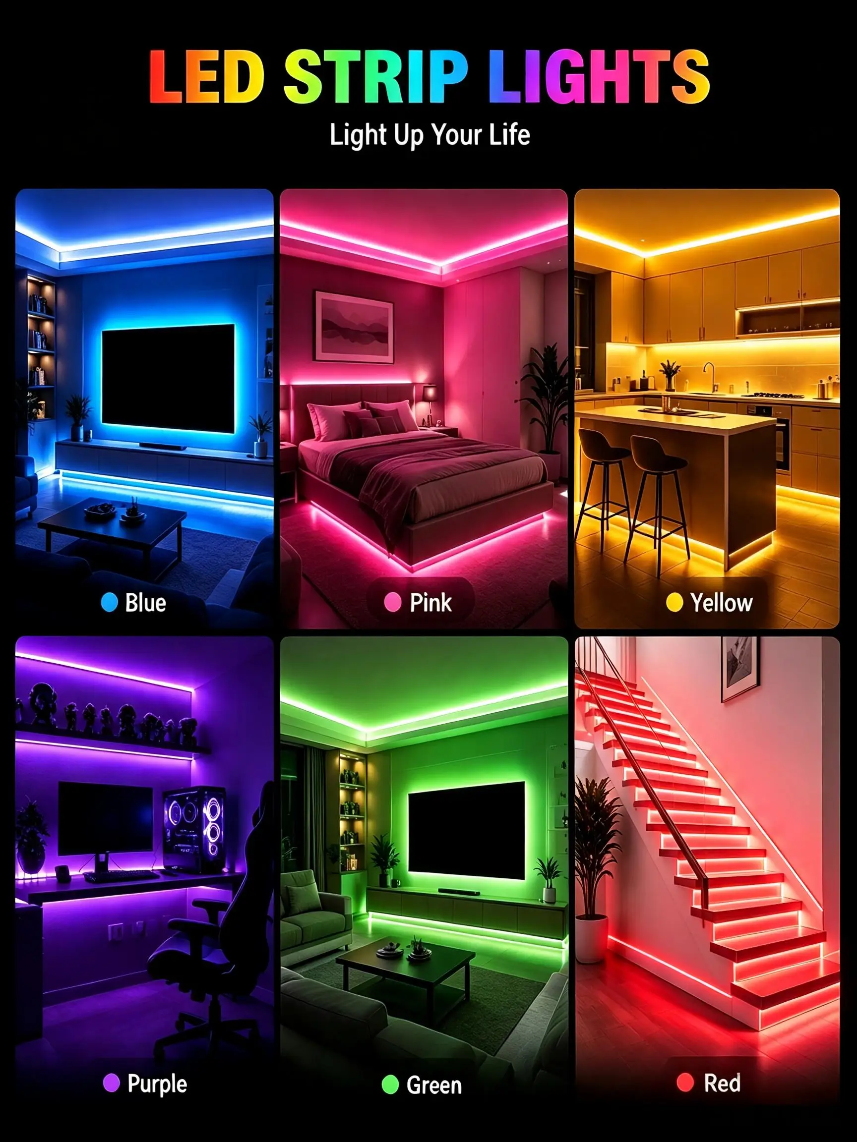 Indoor RGB LED light strip, battery powered (batteries not included). Suitable for room decor, parties, and Christmas decoration