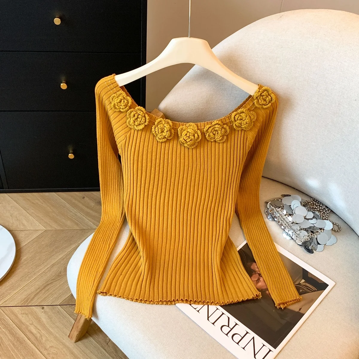 한국 패션 여성 풀오버 스웨터 2025 가을 겨울 섹시한 꽃무늬 니트 셔츠 슬림 긴팔 캐주얼 여성 상의