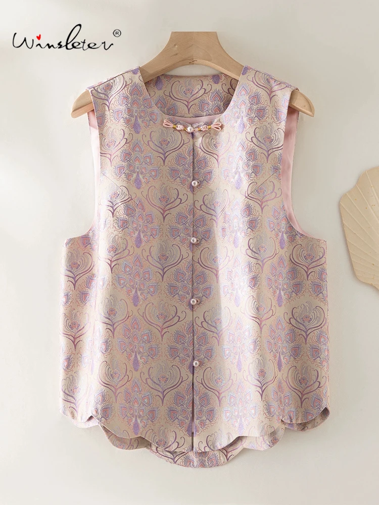 

Winsleter-100% Элегантный жилет из парчи из настоящего шелка Song, геометрия с круглым вырезом, женский темпераментный шикарный жилет, зима 2025 года C5N008CC