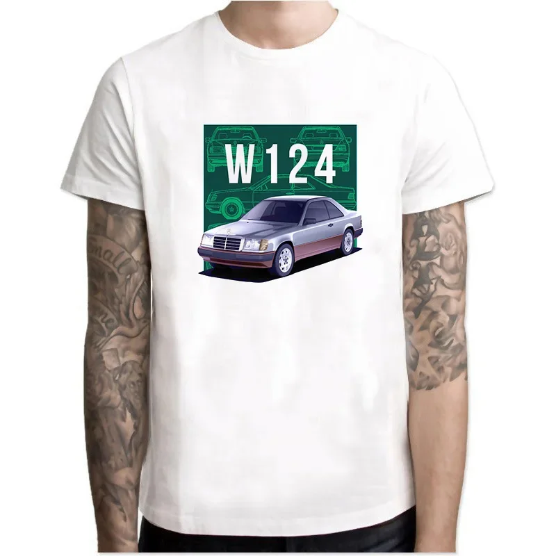 W124 Class Men T Shirts Round Collar Tops Short Sleeve O-neck Cotton Clothes Youth Car Styling white T-shirt