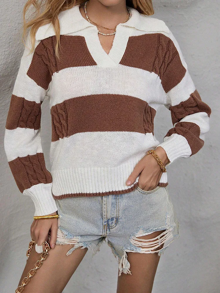 سترة نسائية محبوكة مخططة بلونين كاجوال متعددة الاستخدامات وياقة أنيقة وتصميم بسيط ملابس تريكو عصرية للاستخدام اليومي