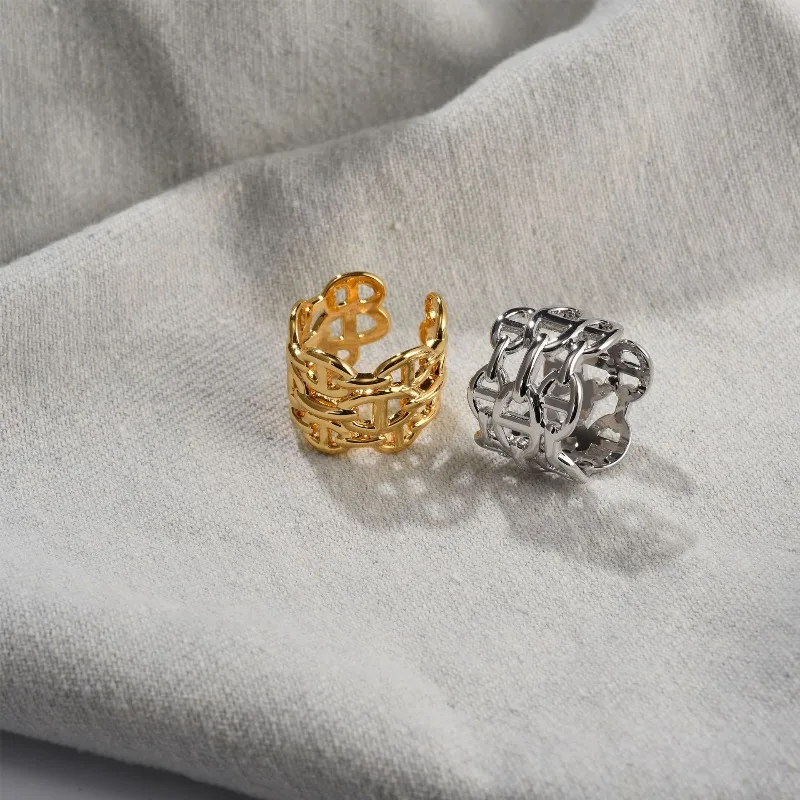 Gold Silver Twist Pig Nose Ring, Adjustable Open Stackable Chain Band, Unique Women Finger Ring