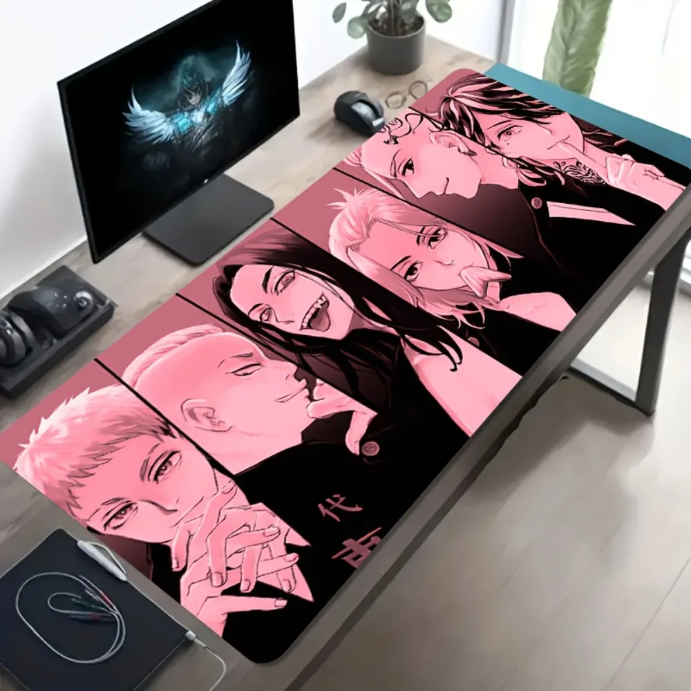 Anime Style Tokyo Revengers Themed Large Mouse Pad, Pink Black Character Pattern, Non-Slip Gaming Desk Mat