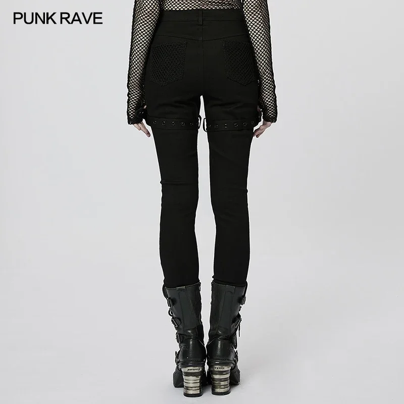 PUNK RAVE Women\'s Punk Twill Denim Fabric & Mesh Splicing Sexy Tight Pants Personalized Slim Trousers Spring/autumn Streetwear