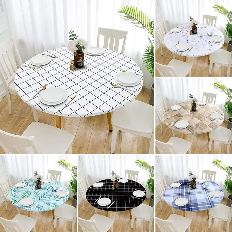 1pcs Elastic Edged Vinyl Fitted Tablecloth Round Flannel Backed Table Cover Oil & Waterproof Wipeable Table Cloth Dining Table