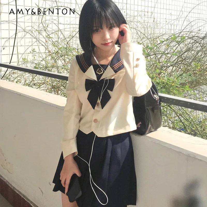 

2024 New Japanese JK Sailor Suit Milk Tea Color Long Sleeved Top And Short Skirt Outfits Preppy Style Lolita Versatile Girl Sets