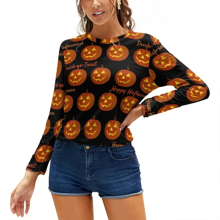 Women's 2024 Horror Halloween Print Round Neck Long Sleeve Party Autumn Casual Pullover 3d Pumpkin Candy Halloween Print Top