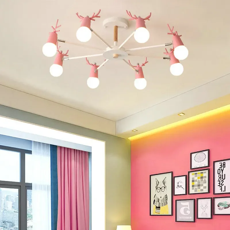 

Nordic macaron antler chandelier simple post modern LED chandeliers bedroom dining room iron and wood deer head ceiling lamp E27