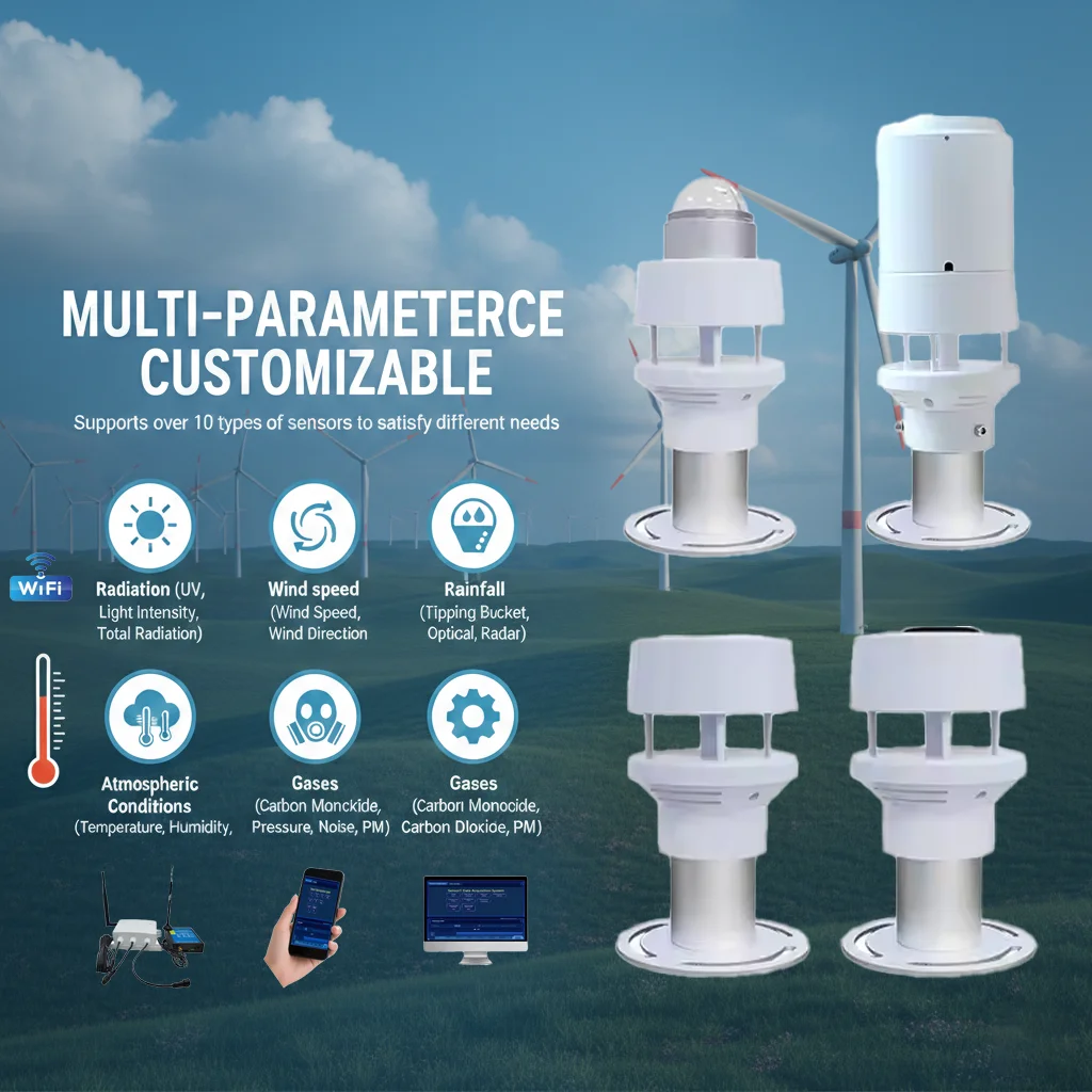 Low Cost Mini Ultrasonic Wind Speed and Direction Air Temperature Humidity Rainfall Smart Pole Weather Station Sensor Outdoor