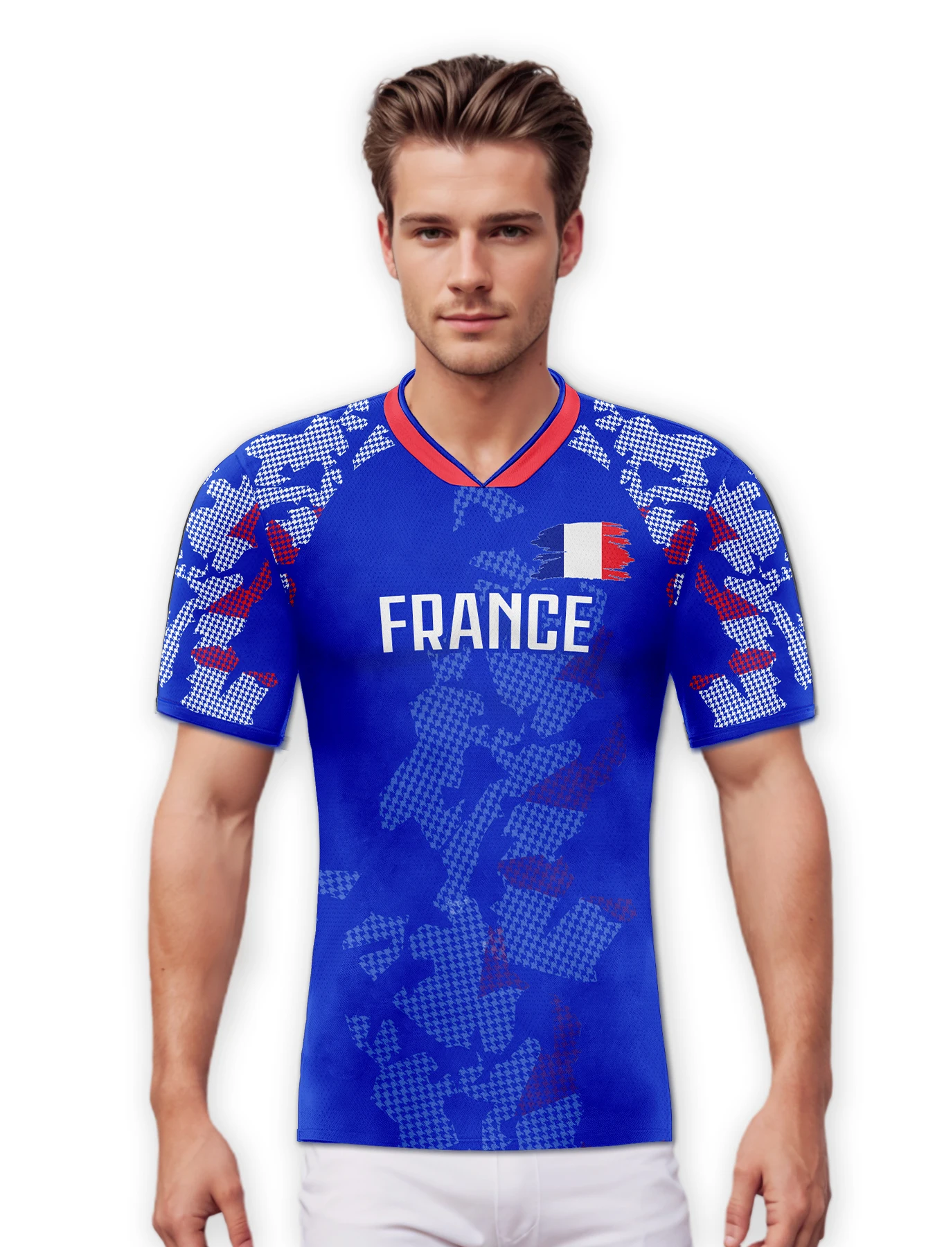 Custom France Soccer Jersey Personalized Name Number, National Team Football Shirt V-Neck Flag Design for Men Kids Women
