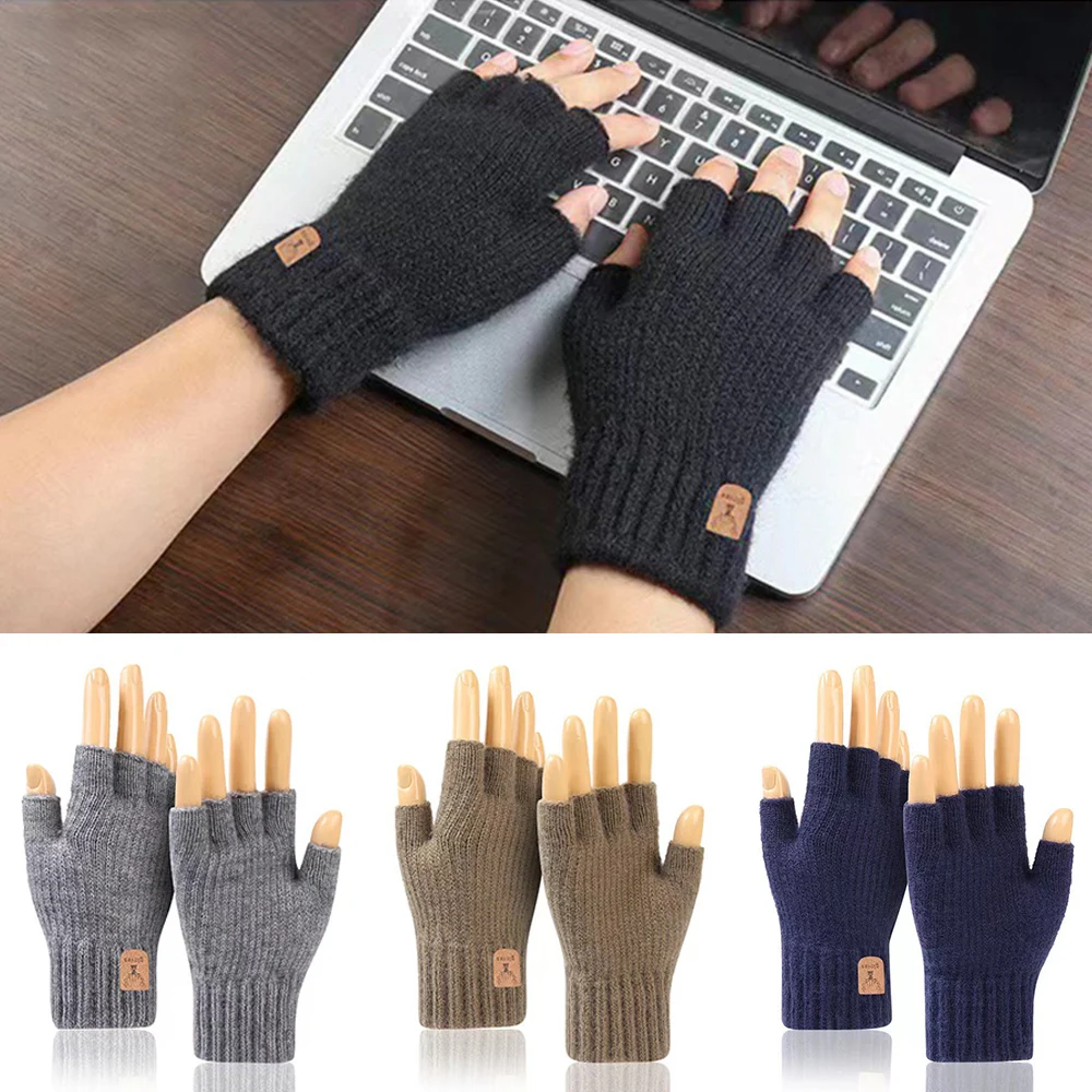 Winter Gloves For Men Half Finger Writting Office Cycling Knitted Gloves Student Acrylic Fiber Warm Thick Elastic Driving Gloves