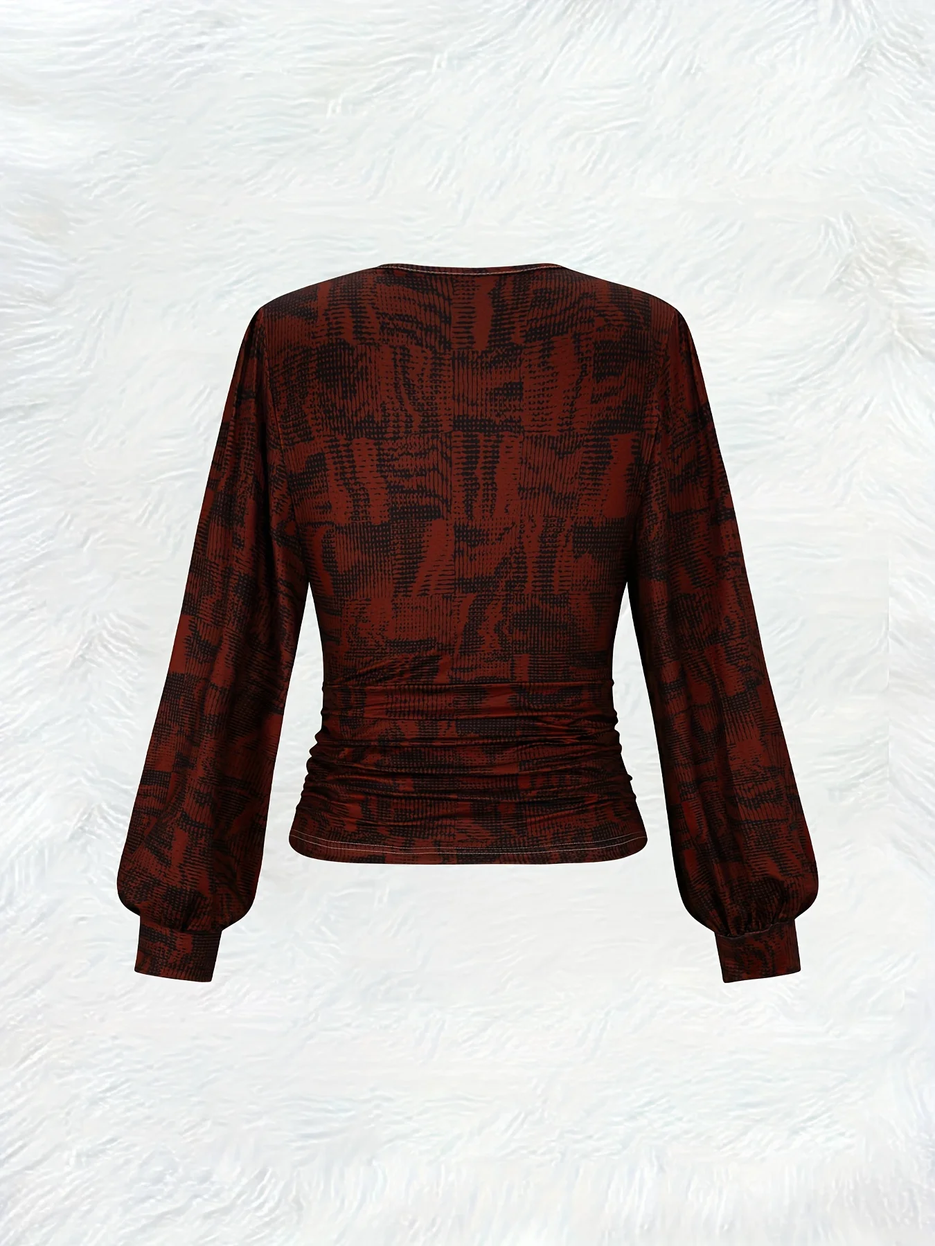 Casual Style Women's Top Flat Print Design Red Black Abstract Snake Print Ruffled Edge V-neck Long Sleeve Top