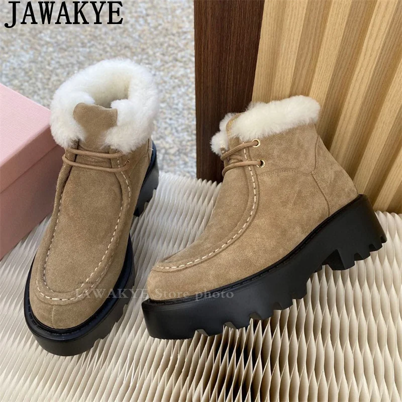 

Winter Wool lining Thick Bottom Punk Boots Women Suede Round Toe Lace-Up Casual Ankle Boots Luxury Warm Snow Boots Woman