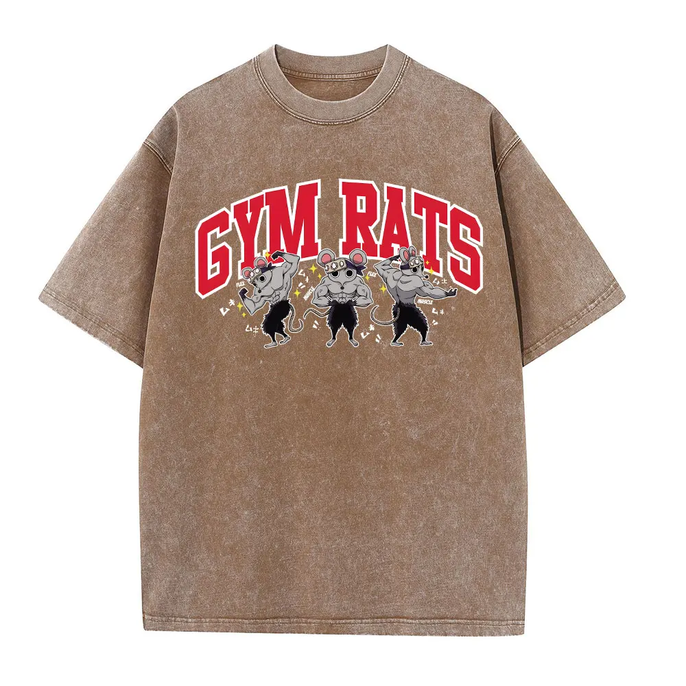 Vintage Washed T-shirts 100% Cotton Gym Muscle Rat Print Crew Neck Tshirts Casual Goth Hip Hop Streetwear Women Men Summer Tee