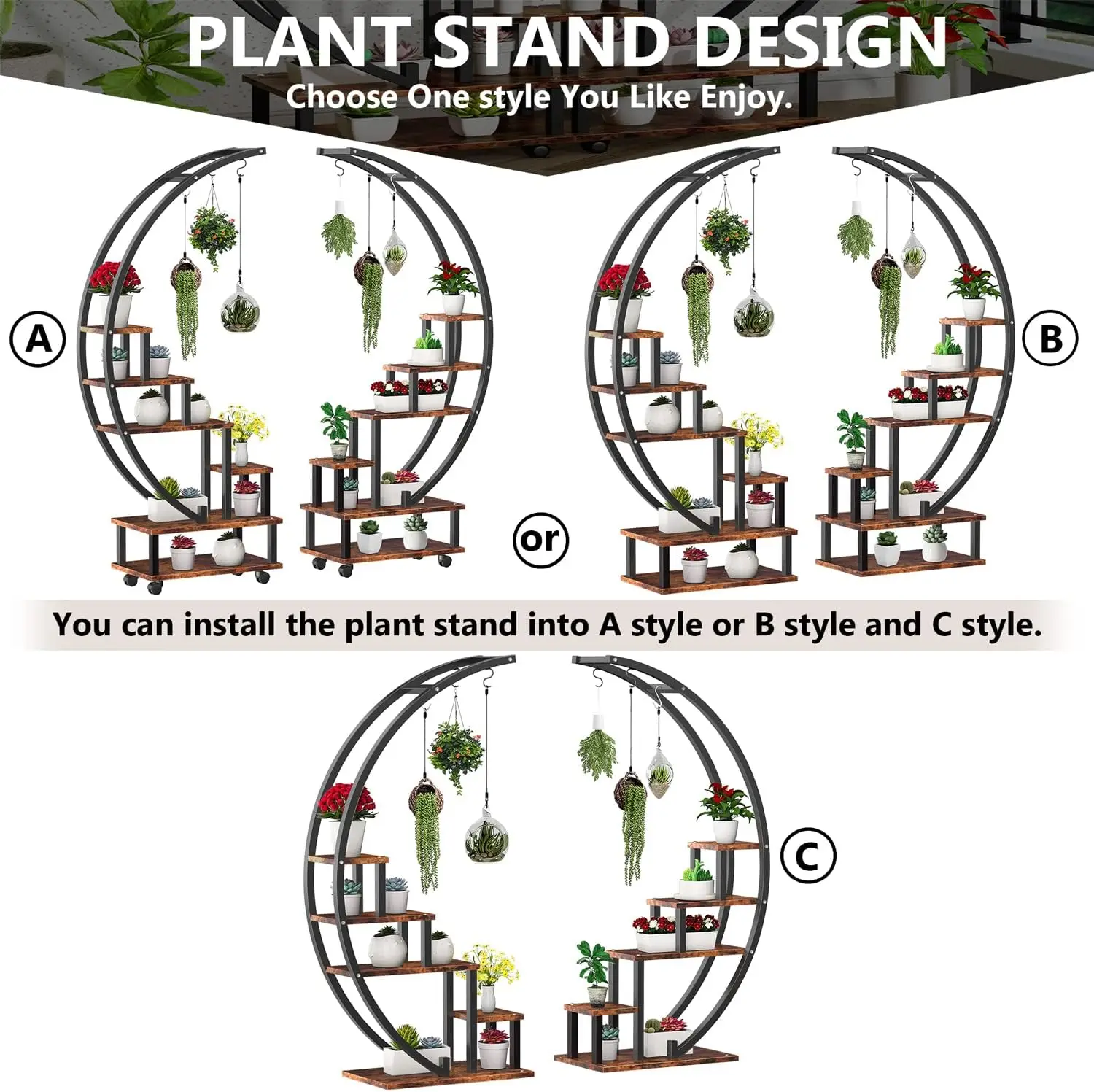 2 Pcs 6 Tier Tall Metal Indoor Plant Stand With Detachable Wheels, Half-Moon-Shaped Plant Shelf Holder For Outdoor Clearance,