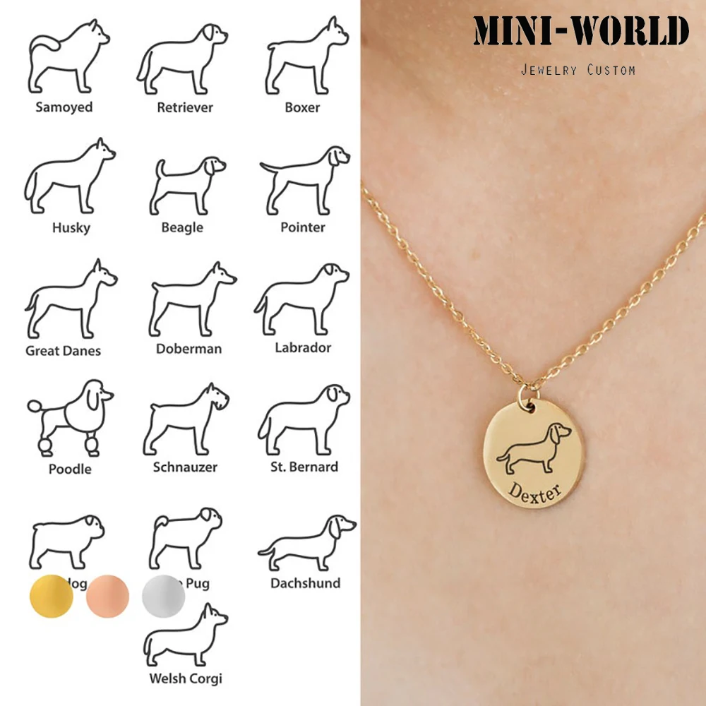 Mini-World Custom Engraved Dog Shape Name Necklace Stainless Steel Round Pendant Cute Pet Dog Accessory Jewelry Memorial Gift