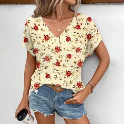 Women's V-neck T-shirt Fashion Fragmented Flowers Pattern T-shirt Comfortable Leisure Elegant Short Sleeved Women's T-shirt