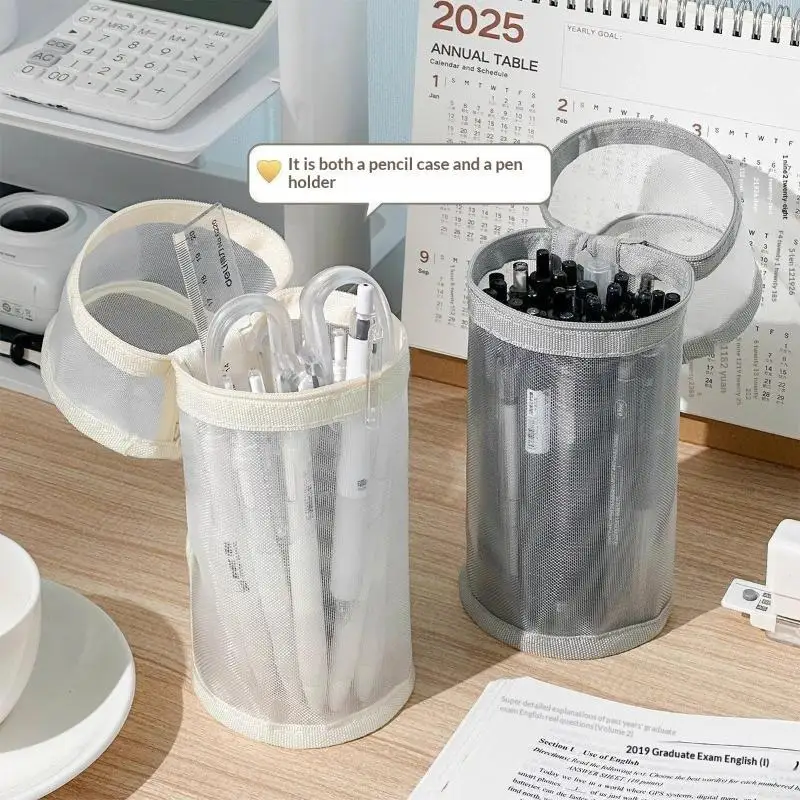 Minimalistisches, durchsichtiges Mesh-Federmäppchen mit großem Fassungsvermögen, Klappdeckel, einfarbiger Stifthalter, tragbare Schreibwarentasche für Studenten