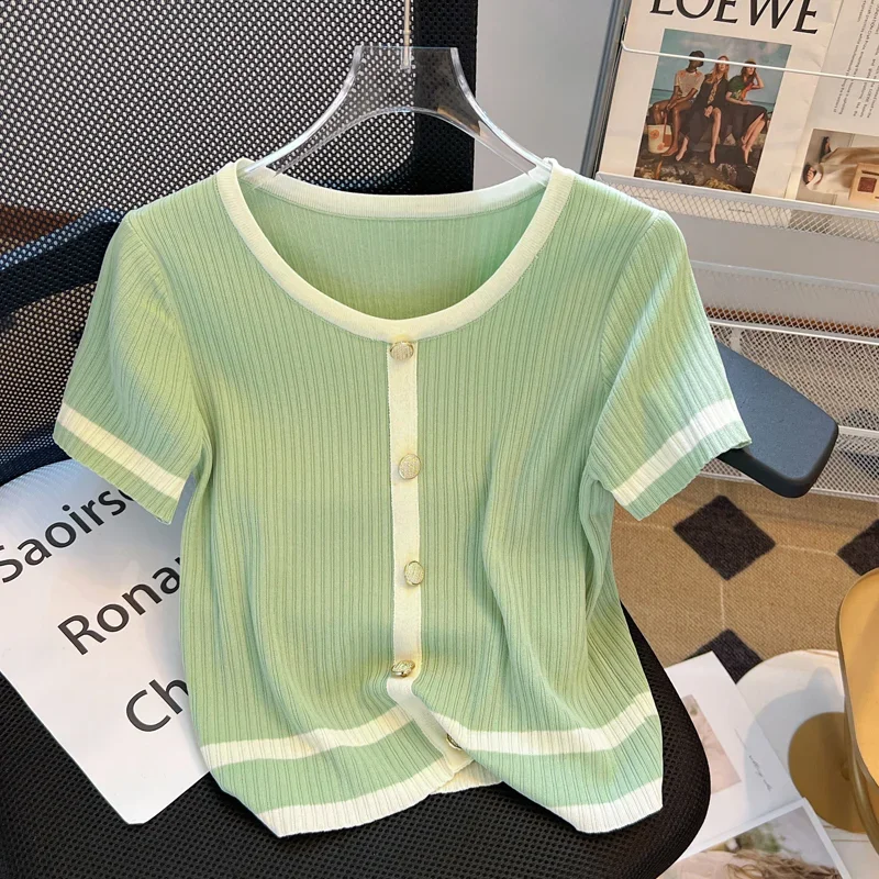

Trendy French Small Fragrance Short-sleeved T-shirt Sweater for Women Summer New Small Thin Ice Silk Chic Top Buttons O Collar