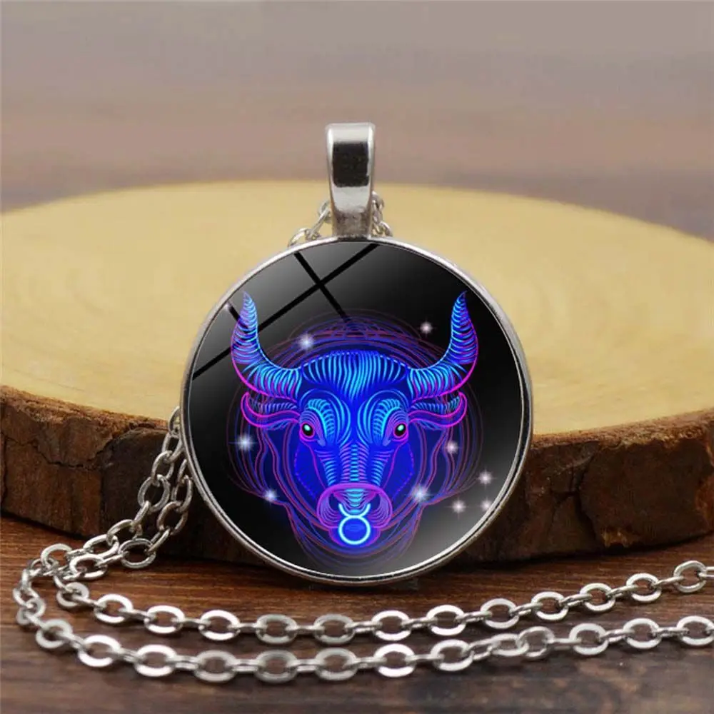 Romantic Accessories For Women Men 12 Constellation Cabochon Glass Horoscope Sagittarius Decoration Jewelry Pendant Necklace