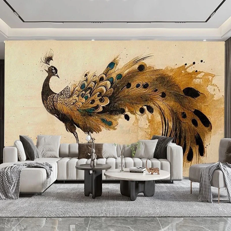 

Custom Any Size Mural Wallpaper Chinese Art Ink Peacock Decorative Painting Poster Living Room Bedroom TV Home Decor 3D Fresco