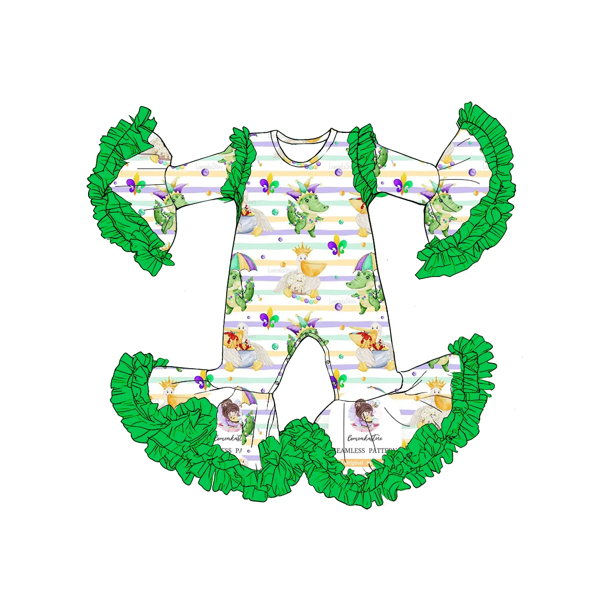 Boutique Baby Mardi Gras Print Romper Ruffled Bell Sleeve Fleur-de-lis Crawfish Jumpsuit Kids Clothing