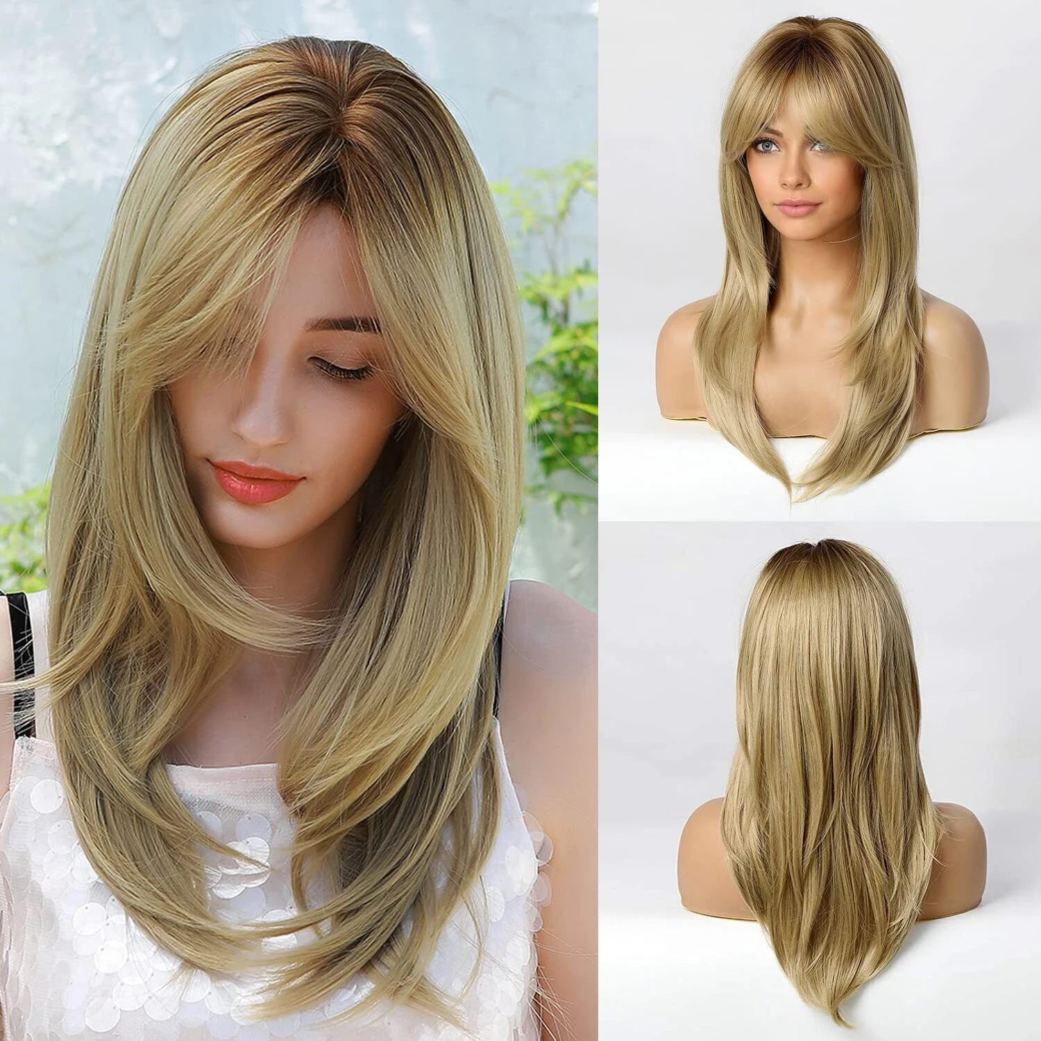 

Long Ombre Layered Blonde Hair Wig With Bang Women Daily Party Cosplay Synthetic