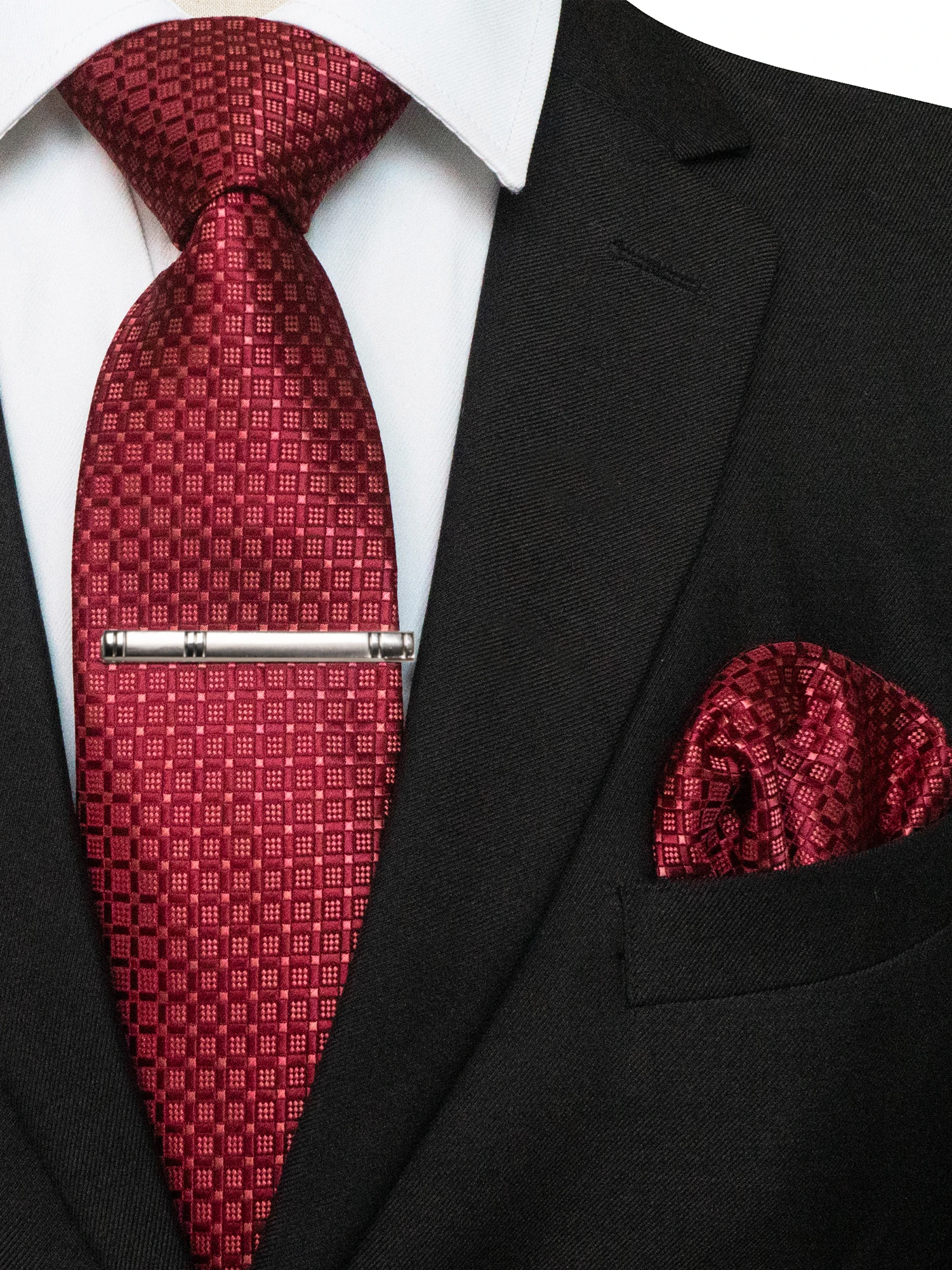 KAMBERFT Klassische Herrenkrawatte mit Krawattenklammer und Einstecktuch, 3-teiliges Set für Büro, Hochzeit, Party – Detail 4
