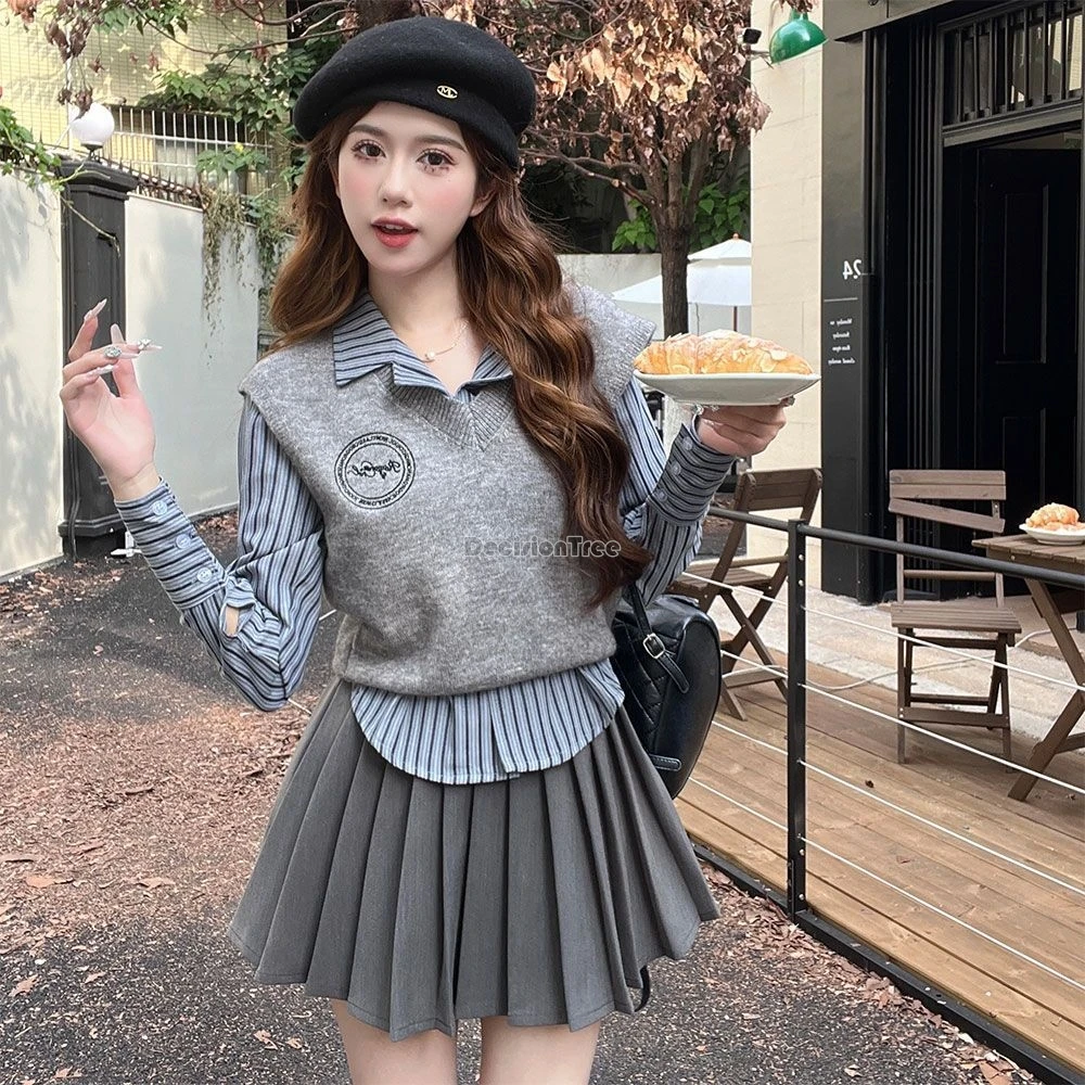 2024 academy style school uniform 3-piece set all match knitting vest fashionable striped shirt high waist sexy pleated skirt