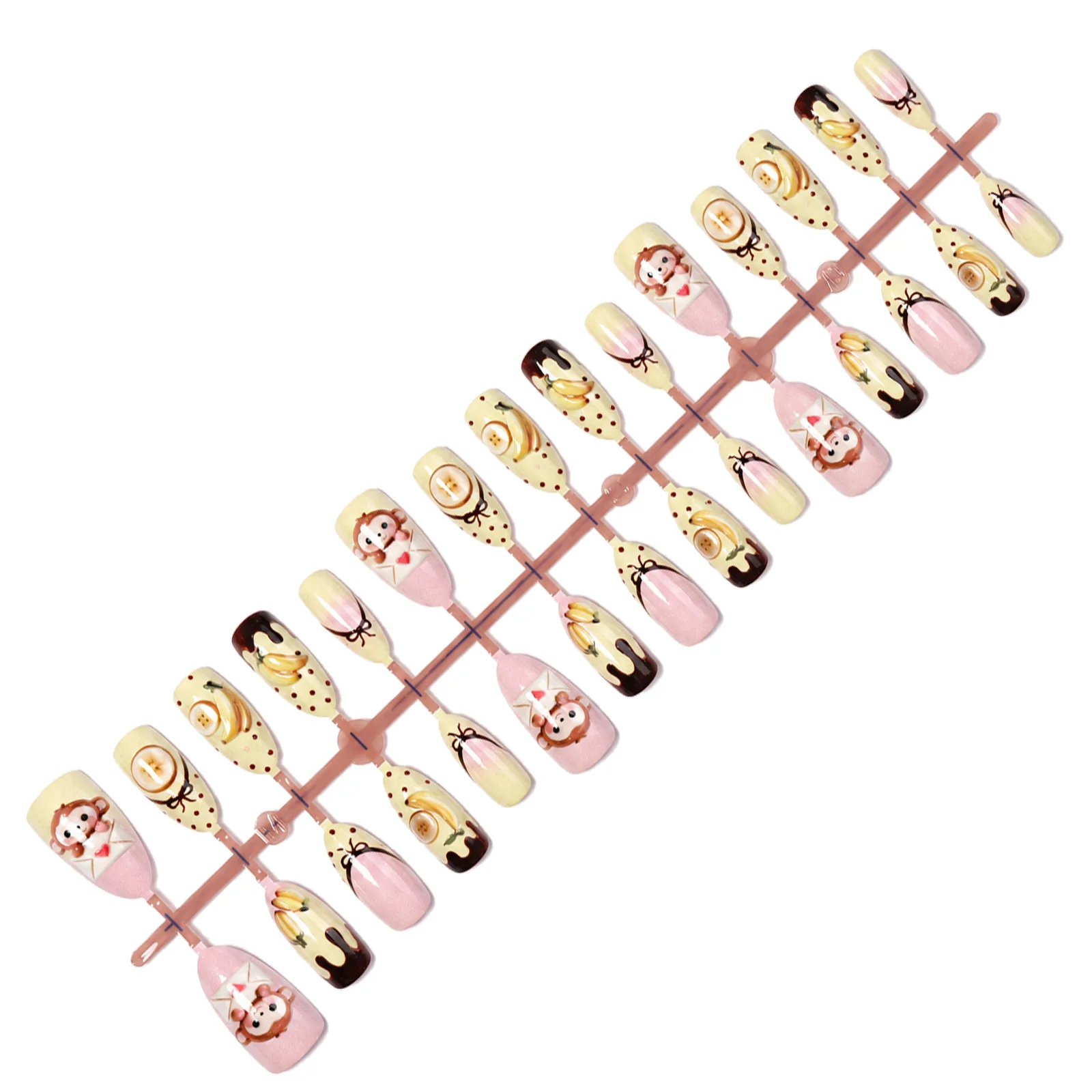 30 Stück Press-On-Nägel, niedliche 3D-Affen-Bananen-Kunstnägel, kurze Mandelform, Nude, Gelb, Pink, Nagelspitzen mit vollständiger Abdeckung für Frauen und Mädchen – Detail 6