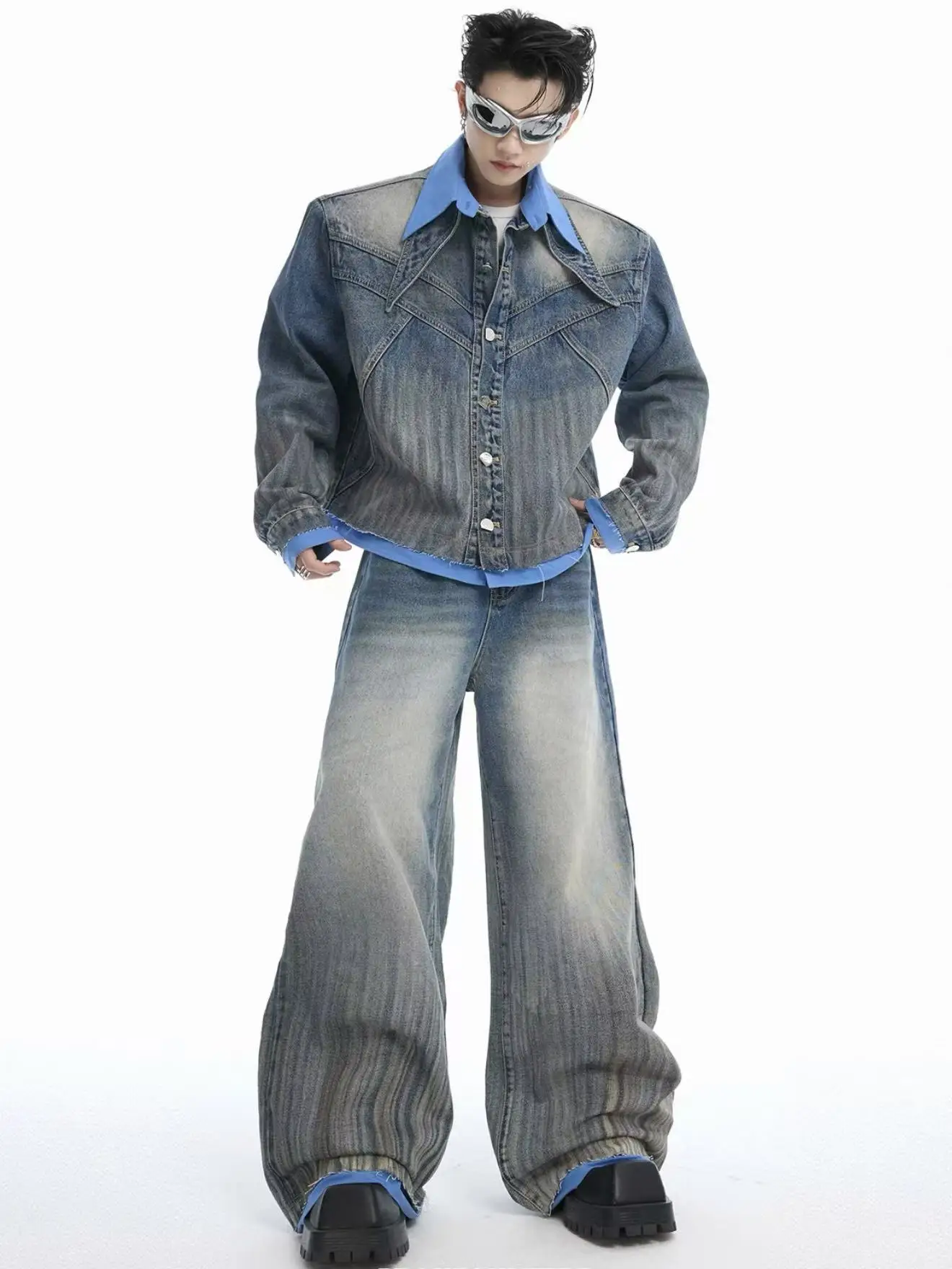 

Американский ретро деконструированный джинсовый комплект из джинсов с джинсами и свободными прямыми штанинами для мужчин, осенний модный длинный свек, молодежный тренд