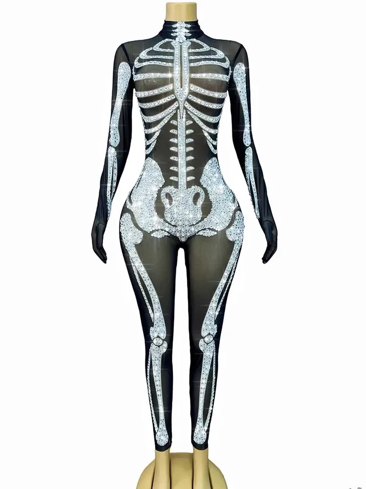 أزياء الهالوين التأثيرية لحفلات الهالوين مطبوعة على شكل عظمة بدلة سوداء لامعة لمرحلة الأداء ملابس ملهى ليلي ملابس رقص جوجو #3