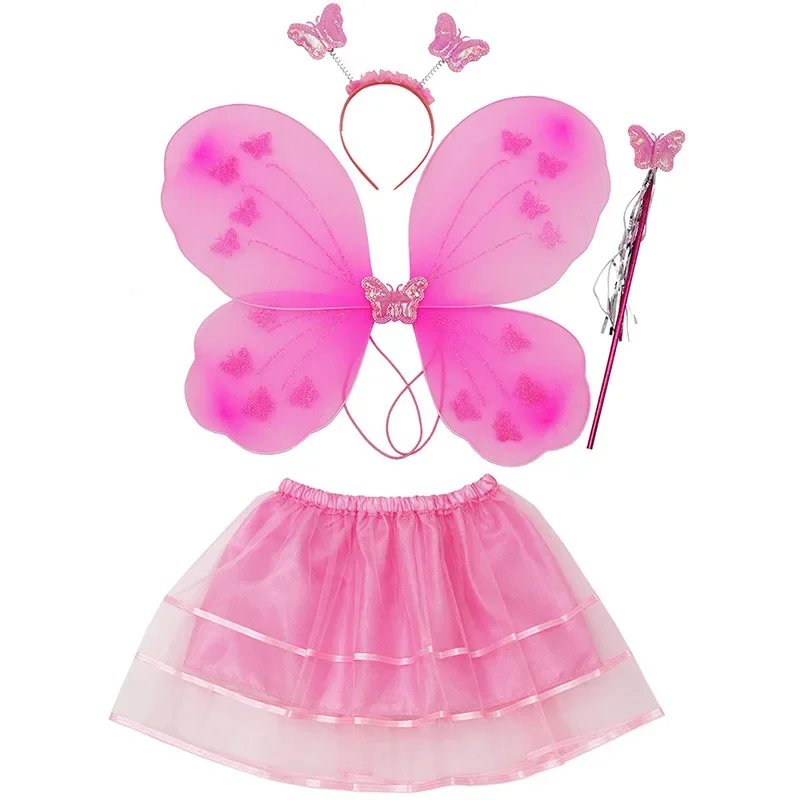 Girl Performance RolePlay Butterflies Costumes Princess Fairy Wings Magic Wand Headband Skirt 4Pcs Halloween Cosplay Party Props