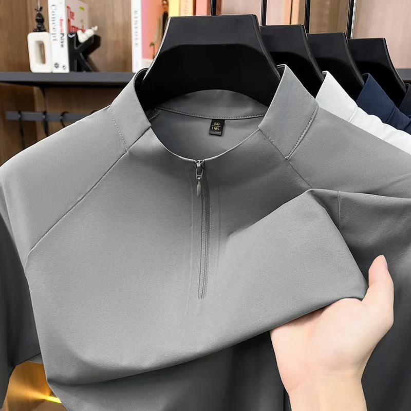 Stand-Up Collar Quick-Dry Ice Silk Cooling T-Shirt, New Summer Model, Seamless Nylon Half-Zip Sports Men's Short-Sleeve