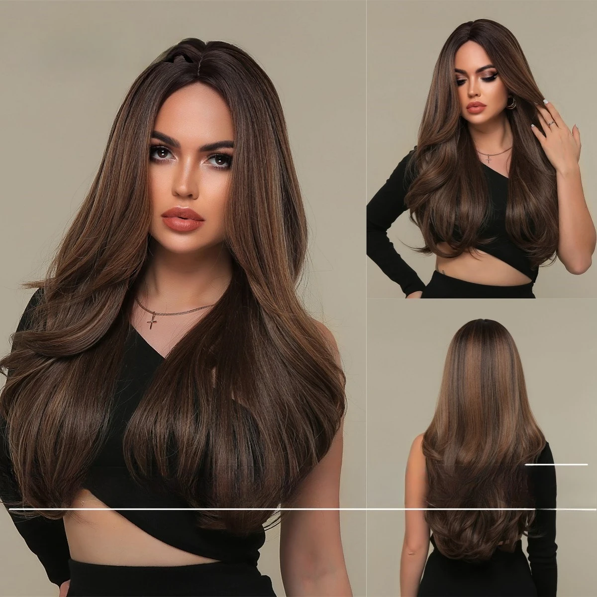 

European and American women gradually change the brown atmosphere long curly hair lazy natural daily chemical fiber wig full hea