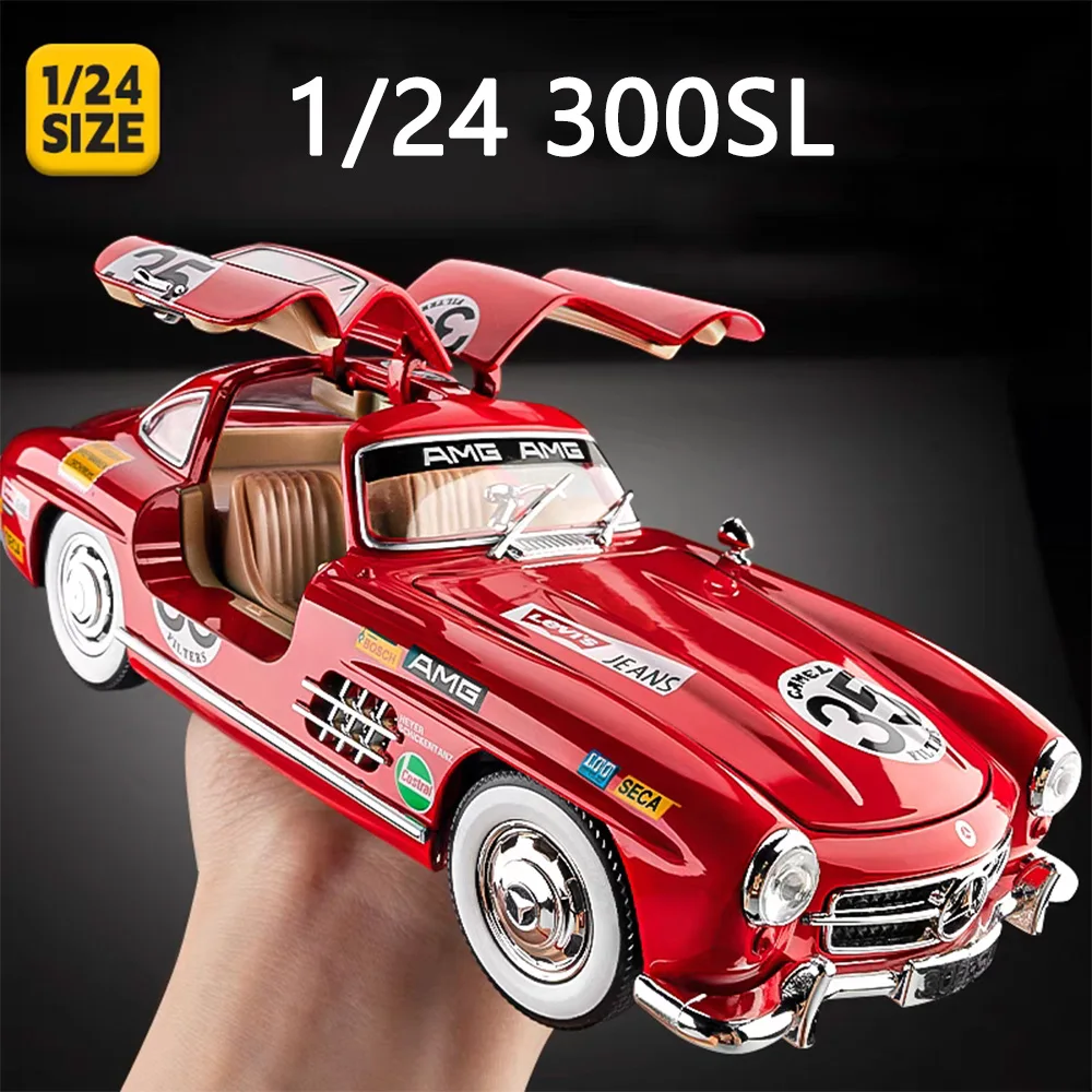 1/24 300SL Vintage Car Model Toys Alloy Diecast Printed Version 4 Doors Opened Rubber Tires Sound Light Pull Back Toy Kids Gifts