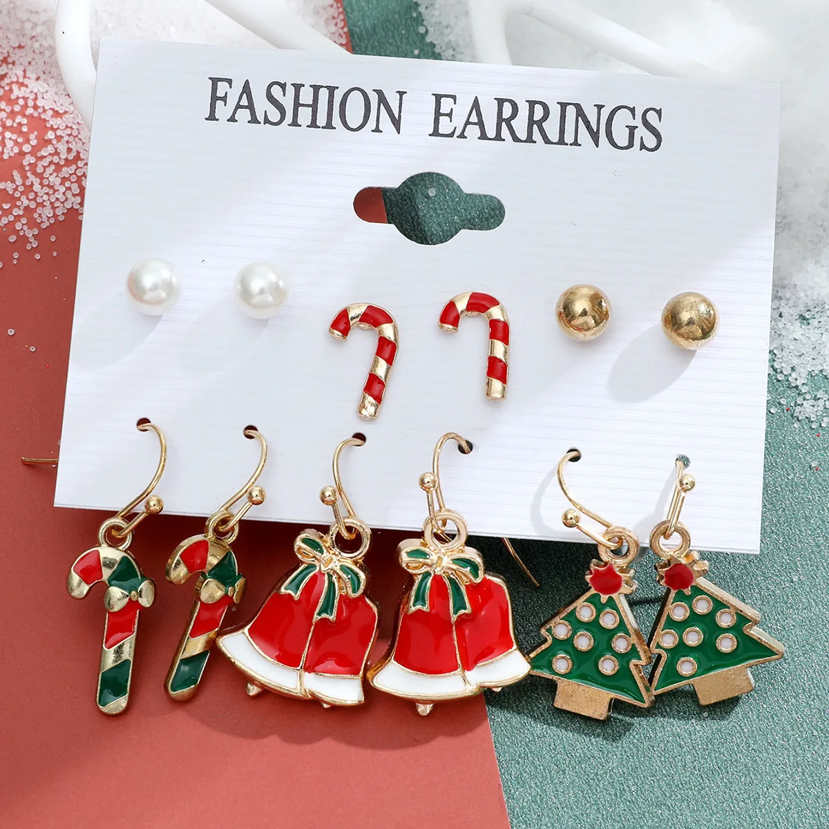 Christmas Series Snowflake Bell Christmas Tree Earnail Combination Set Cartoon Drip Oil Elk Elderly Earrings Female Jewelry Gift