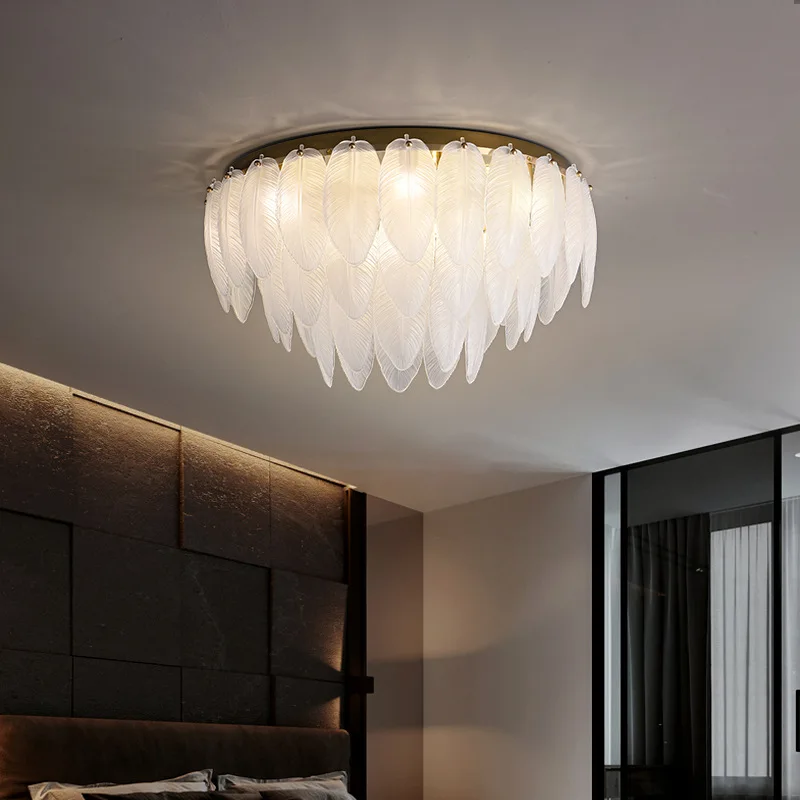 Modern Brass White Glass Feather Ceiling Lamp Luxury Led Lights Home Decor Lustres Lampara Techo for Living Room Bedroom