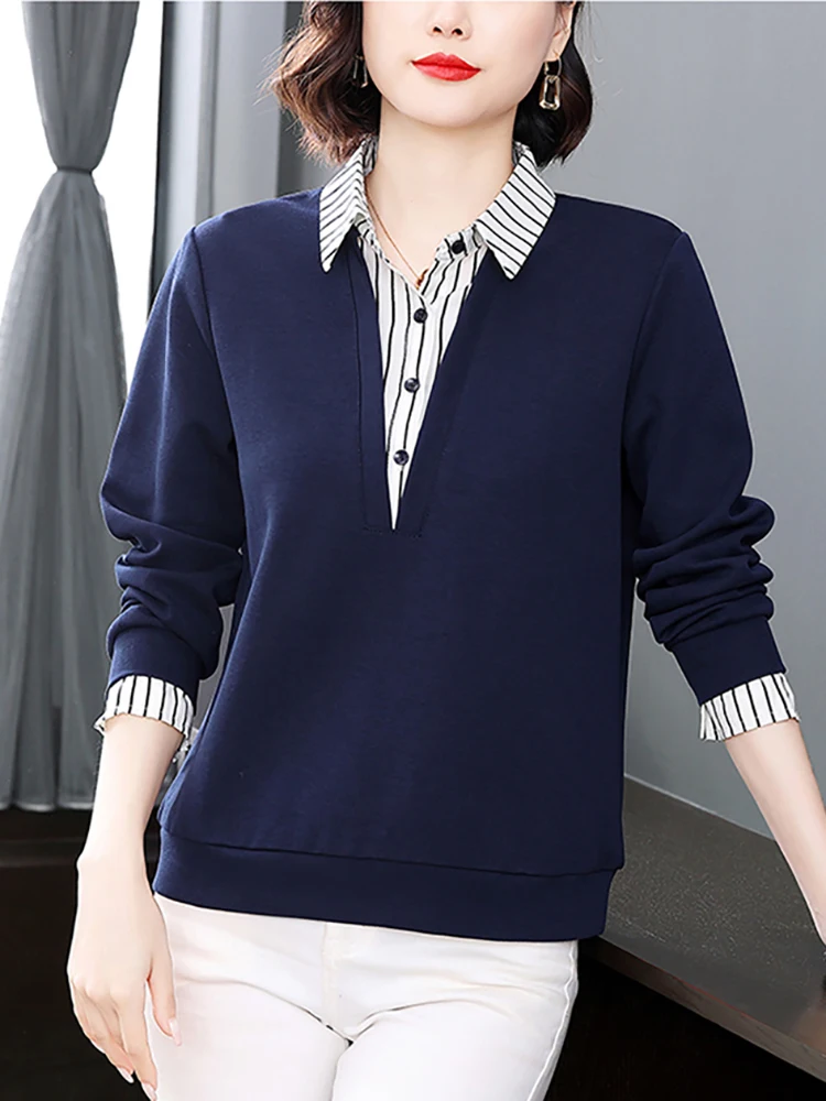 

Fake two pieces Women Blouse Cotton Tops Fashion Striped Casual Long Sleeve Office Shirts Female Pullover blusa mujer moda 2023